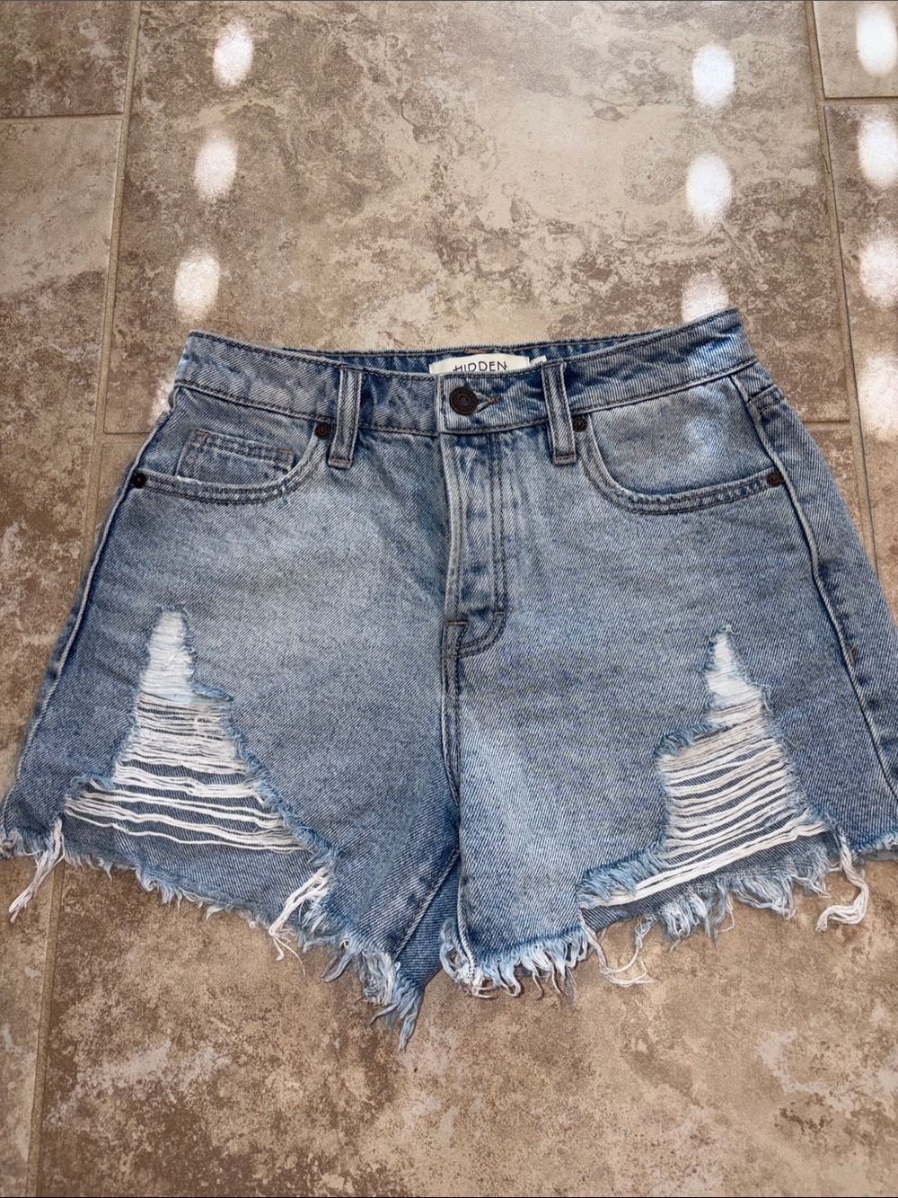 High-Rise Distressed Denim Shorts - Light Blue - XS Hidden Los Angeles